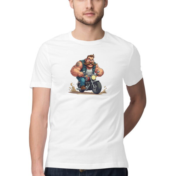 “Tiny Bike. Big Guy.” Cartoon Muscle Biker Tee - Image 2